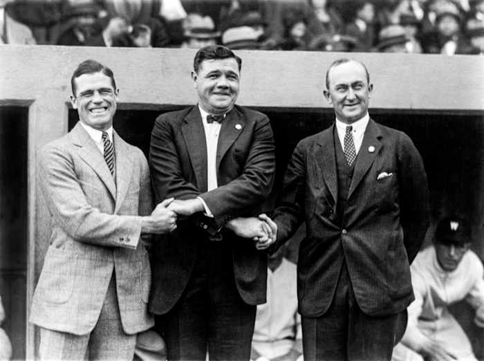 Babe Ruth: Renowned batter. More-renowned hand-pumper. (Here with George Sisler and Ty Cobb.)